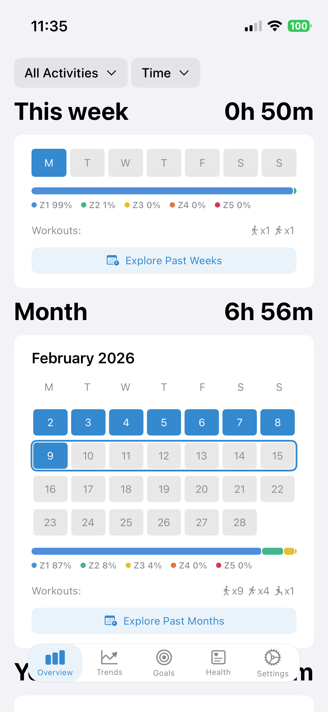 Stacking app overview showing weekly and monthly fitness tracking